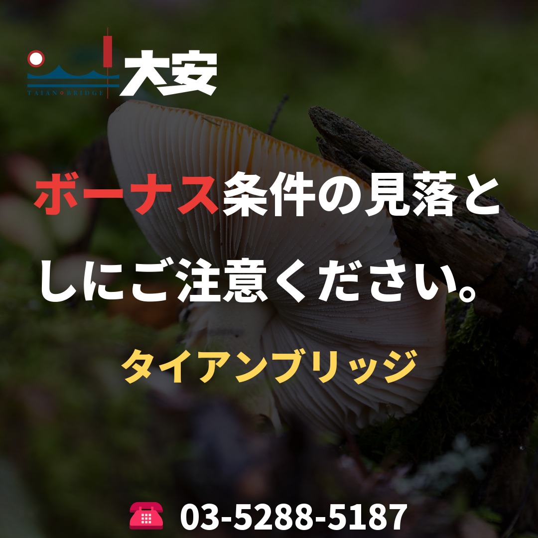 ボーナス条件の見落としにご注意ください。|タイアンブリッジ