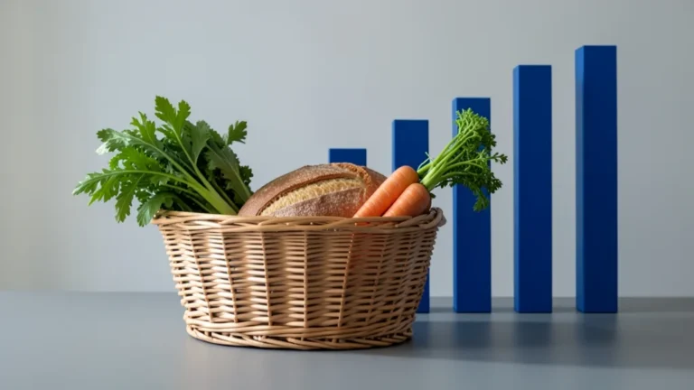 野菜とパンのかごの後ろに、少しずつ高くなる青い棒を並べた物価の推移のイメージ