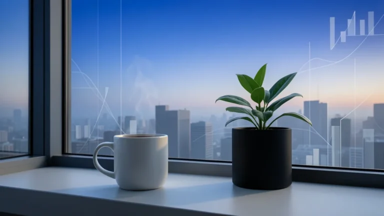 朝焼けの街を望むオフィスの窓辺に置かれたコーヒーと観葉植物の演出イメージ