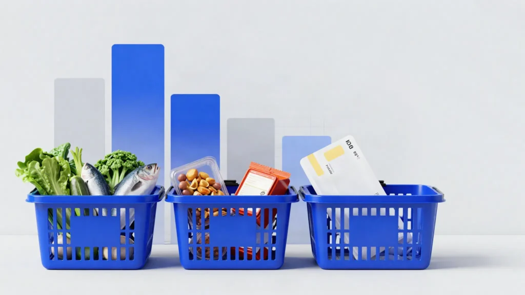 指数の種類を買い物かごの違いで表したイメージ